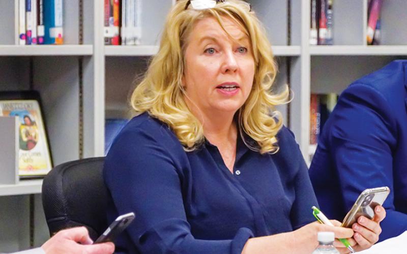 Cherokee County Schools Superintendent Jeana Conley proposed Thursday that the school board consider a long-range plan that would reduce the number of campuses to one high school and three elementary/middle schools, in addition to the Schools of Innovation. Photo by Sam Jokich