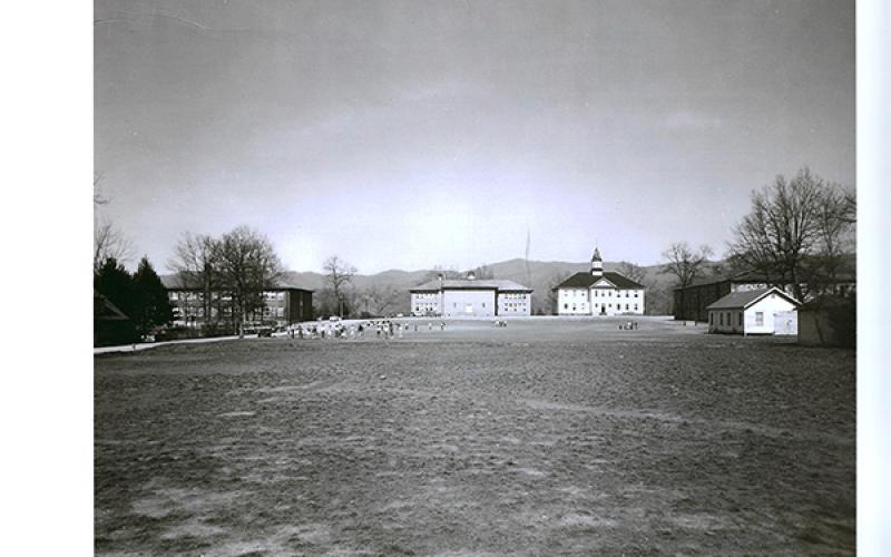 This photo of the Andrews City Schools was taken before the elementary school was built in the field. From the left, the large brick primary building (built Sept. 15, 1951), the high school (built 1915), and the old white building which was the first city school building built in 1906 and was located at the top of the school house steps. The old rock gym is visible behind the small white building. Isham B. Hudson was hired as superintendent from 1934-50, and during that time he consolidated the many rural s