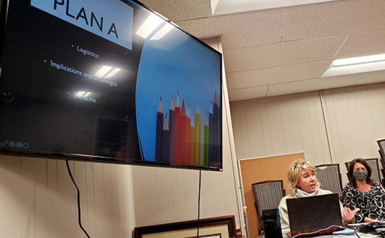 Cherokee County Schools Superintendent Jeana Conley explains to the Cherokee County Board of Education what she and her staff considered as they developed reccomendations on moving elementary school students to Plan A. Photo by Samantha Sinclair