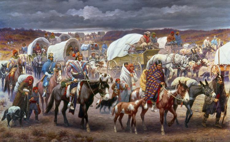 Robert Lindneux’s 1942 painting “The Trail of Tears” is held at the Woolaroc Museum in Bartlesville, Okla.
