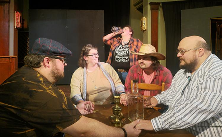 Nicole Wright/ Staff Correspondent Lone Star Spirits premieres at 7 p.m. Friday and Saturday at the Valleytown Cultural Arts Center in downtown Andrews. Cast members in the dinner play (from left) include (standing) Sarah Reynolds as Jessica; (seated) Philip Deckle as Ben; Taylor Swain as Marley; Cory Cheeks as Drew; and Brycham Reynolds as Walter.