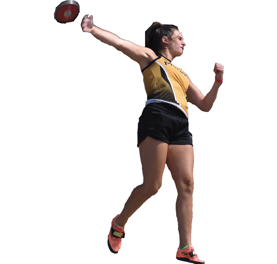 Justin Fitzgerald/sports@cherokeescout.com  Murphy senior Sarah Pullium throws the discus at the 1A state championships Friday. Her title in the event was her seventh overall with the Lady Bulldogs, a school record.