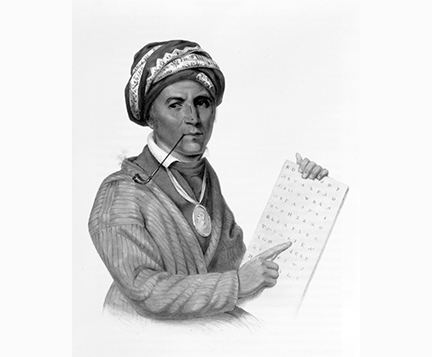 The Eastern Band of Cherokee Indians maintains a museum honoring Sequoyah near Vonore,Tenn. Artist’s drawing shows his turban and ever-present long pipe.