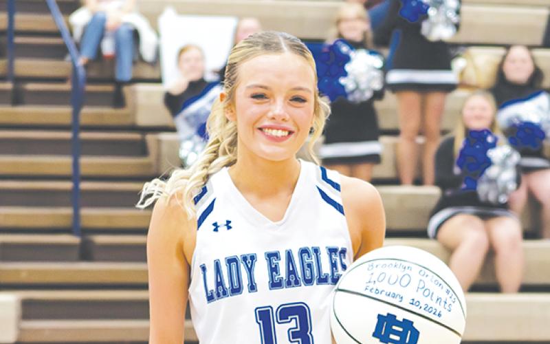Cannon Crompton/sports@cherokeescout.com Brooklyn Orton of Hiwassee Dam reached the milestone of 1,000 points in her high school basketball career on Feb. 10. She made a basket in the third quarter to become the second Lady Eagle this season to reach the milestone.
