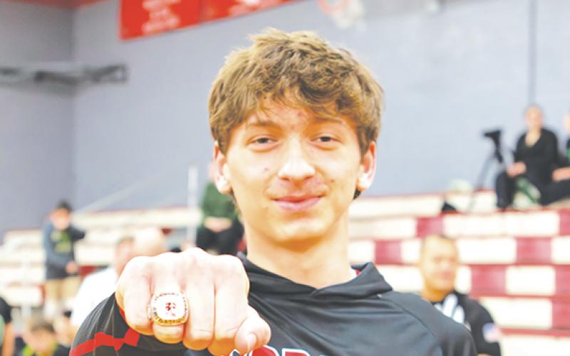 Cannon Crompton/sports@cherokeescout.com Logan Shuler of Andrews received his state championship ring on Feb. 11 for winning the title in the track &amp; field high jump event. He won his second straight title at the state 2025 track &amp; field championship with a winning jump of 6 feet, 4 inches.