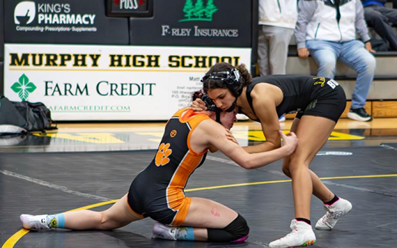 Cannon Crompton/sports@cherokeescout.com Murphy senior Ivy Werner wrestles a Rosman opponent on Dec. 9, 2025.