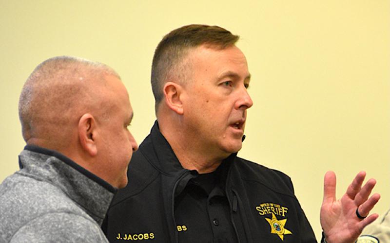 Randy Foster/editor@cherokeescout.com Chief Deputy Justin Jacobs (right), beside sheriff candidate Chris Wood, was at Saturday afternoon’s special called Cherokee County Board of Commissioners meeting when the board accepted Sheriff Dustin Smith’s resignation. Jacobs was placed in charge until the Cherokee County Republican Party Executive Committee decides Smith’s replacement.