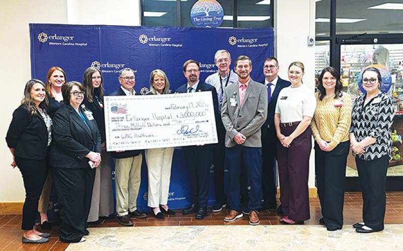 Federal funding: From left are Laura Springer, Ashley Bicknell, Teresa Bowleg, Richelle Phillips, Erlanger President &amp; CEO Jim Coleman, Erlanger Western North Carolina Market President and CEO of Outreach Erlanger Stephanie Boynton, U.S. Rep. Chuck Edwards, Dr. Gary Roper, Wesley Phillips, Murphy Mayor Tim Radford, Cherokee County Chamber of Commerce Executive Director Victoria Ivie, Miranda Shuler and Shilene Chastain.