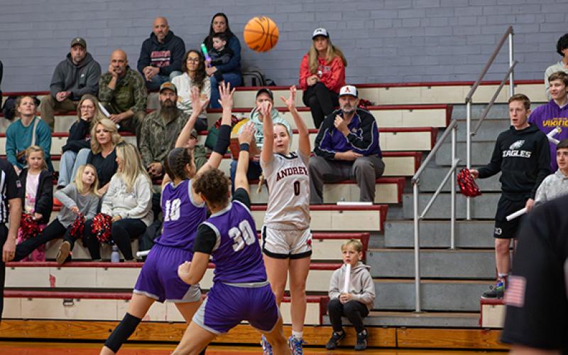 Cannon Crompton/sports@cherokeescout.com Knox Davis of Andrews shoots a 3-pointer against Chatham Charter on Feb. 25.