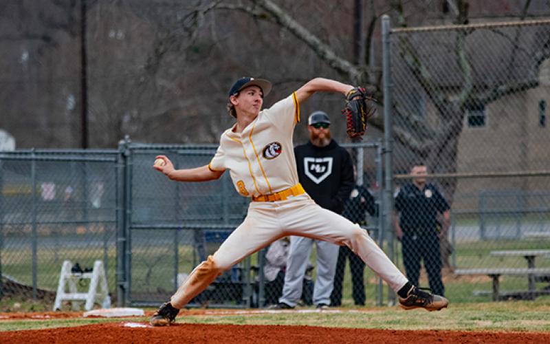 Colton Morgan of Murphy pitches against North Buncombe on March 7, 2025. In the game, Morgan pitched 2.0 inning and gave up two runs on one hit and three walks, while striking out two batters.