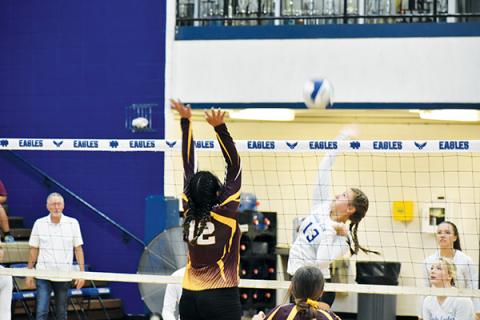 Hiwassee Dam’s Dezeray Adams goes for a spike in the Lady Eagles’ victory against the Cherokee Lady Braves.