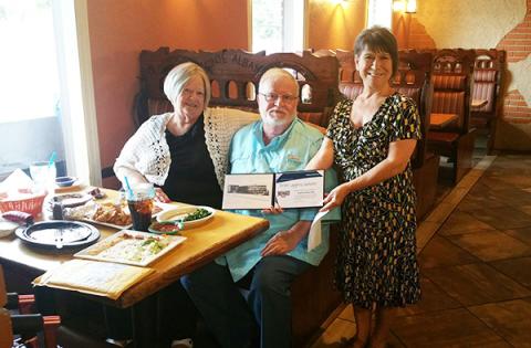 Mary and Andrew May (from left) are humbled with the Hometown Heroes award presented by Modern Woodman of America representative Linda May on Sept. 23 at Monte Alban in Andrews.