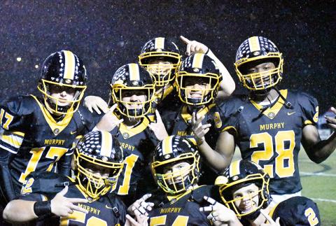Murphy seniors pose before their game against Rosman. They are (front row, from left) Colby Stalcup, Brady Satterfield and Seth Carter. Middle row are (from left) Braeden Alexander, Parker Posey, Justice Dorsey and Devonte Murray. In back is Bailey McTaggart.