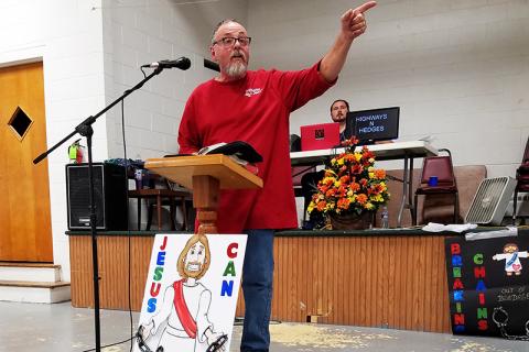 Steve Cochran preaches passionately about substance abuse in the community and how residents can help during the Highways N Hedges walkathon closing ceremony.