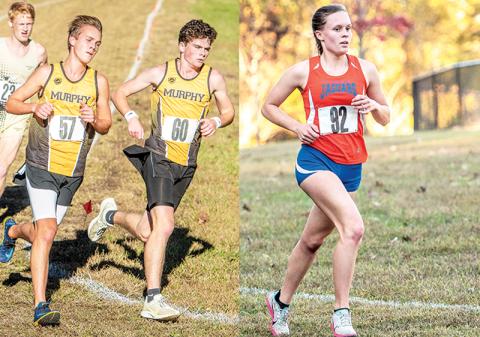 Left: Murphy’s Caleb Jones (57) is the SMC boys champion, while Chase Pierce (60) finished third. Right: Tri-County’s Sydney Bolyard was the SMC girls champion, finishing almost a minute ahead of the second-place finisher.