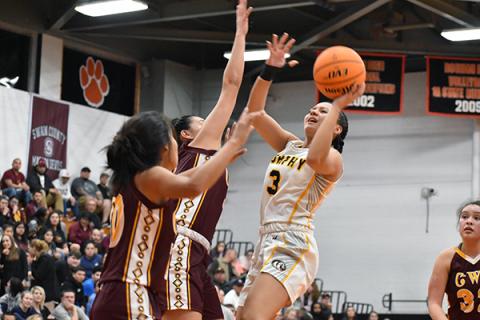 Murphy guard Kaiya Pickens attempts to float the ball over the Cherokee defense.