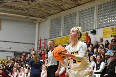 Murphys' Sydni Addison lines up a 3-pointer in the Lady Bulldogs' match against East Surry.