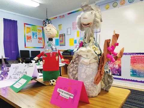 Carrie Dyer led her fourth-grade students at The Learning Center in making biography bottles. Students picked who they wanted to research, like Cristiano Ronaldo and George Washington, then sculpted faces with clay to be attached to dressed soda bottles. Photo by Samantha Sinclair