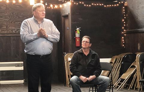 State Rep. Kevin Corbin (right), with Mayor Rick Ramsey, visited Murphy last week to discuss what’s happening at the state capitol. Photo by Penny Ray