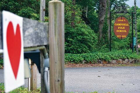 Hearts adorn the fences along John C. Campbell Folk School’s campus in Brasstown. Photo by Samantha Sinclair
