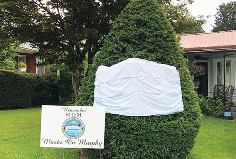 Murphy Councilwoman Gail Walker Stansell created this sign and decorated a tree outside her house to encourage people to wear masks and help slow the spread of COVID-19. 