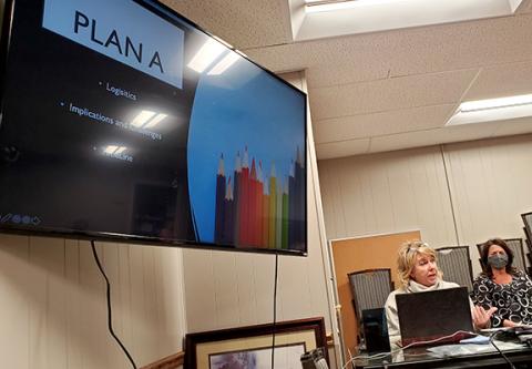 Cherokee County Schools Superintendent Jeana Conley explains to the Cherokee County Board of Education what she and her staff considered as they developed reccomendations on moving elementary school students to Plan A. Photo by Samantha Sinclair