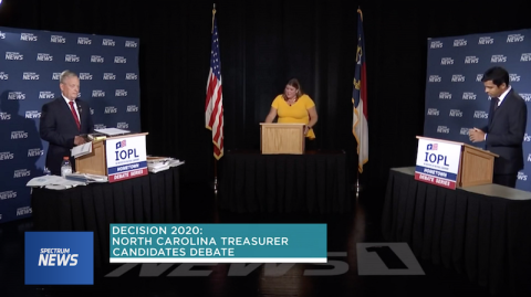 IOPL Hometown Debate with N.C. Treasurer Dale Folwell, left, Spectrum’s Loretta Boniti, and Democrat candidate Ronnie Chatterji. (Spectrum News screenshot)
