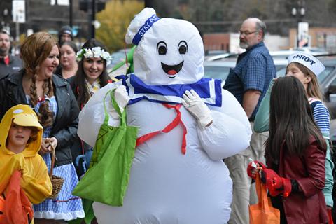 The Stay Puft Marshmallow Man from the movie Ghostbusters made an appearance in downtown Murphy during Halloween last year, though Dallas McMillan of Unaka didn’t quite know what to think as he walked by.