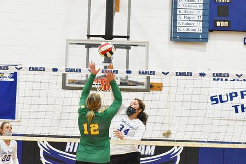  Hiwassee Dam basketball stand-out Katie Gibson rises up for a kill in the third set  of the Lady Eagles’ season opener against Blue Ridge on Monday. 