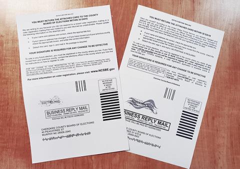 Samantha Sinclair/scoutingaround@cherokeescout.com Those who haven’t voted in a while or have moved should look for one of these cards to arrive in the mail from the Cherokee County Board of Elections.