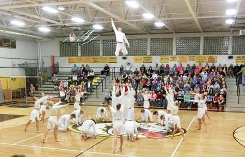 Ali Dee/Contributing Photographer  The National Danish Performance Team performs at Murphy High School in 2017, one of many excellent programs brought to the area by the Cherokee County Arts Council over the last decade. 
