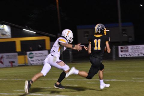 Justin Fitzgerald/sports@cherokeescout.com Murphy receiver Hunter Laney crosses the end zone just out of the reach of a Thomas Jefferson defender to put the finishing touches on a 54-yard touchdown Friday. Murphy will face Elkin in the second round this week.