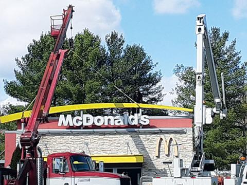Kandy Barnard/Cherokee Scout The sign at the former McDonald’s on Main Street in Andrews was taken down on April 10 after the fast-food restaurant closed. The place was once so popular drive-through lanes wrapped around the building. McDonald’s remains open in Murphy.