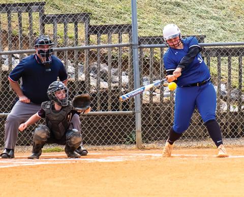 Sam Jokich/For the Cherokee Scout Hiwassee Dam senior Katie Gibson squares up a pitch during the Lady Eagles’ 22-0 win over Hayesville on April 23.