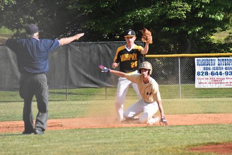 Justin Fitzgerald/sports@cherokeescout.com A Hayesville batter is called safe during the Yellow Jackets’ 10-1 win over Murphy on May 14.