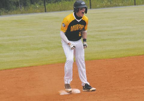 Justin Fitzgerald/ sports@cherokeescout.com Murphy senior Dawson Hensley is pumped after a two-run double in the Bulldogs’ 6-5 loss to Hayesville on June 8.