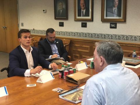 U.S. Rep. Madison Cawthorn (R-N.C.) met with Mayor Rick Ramsey and other local leaders at Murphy Town Hall on July 14 to discuss freight rail service in Cherokee and surrounding counties.