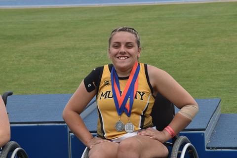 Justin Fitzgerald/sports@cherokeescout.com  Jordan Oliver of Murphy placed second at the 1A N.C. Track & Field Championships on Friday in Greensboro. Oliver is the first wheelchair athlete in the Smoky Mountain Conference and Western Region.