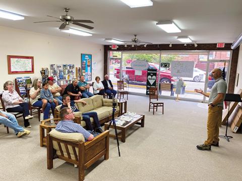 David Brown/dbrown@cherokeescout.com Brody Holloway, cofounder and executive director of Snowbird Wilderness Outfitters, shares the challenges of a camp overcoming a pandemic during the Andrews Chamber of Commerce’s annual membership meeting June 29 from the office on Main Street. The meeting was aired live and can be viewed on WKRK’s Facebook page.