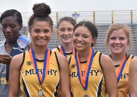 Photos by Justin Fitzgerald/sports@cherokeescout.com The Murphy girls finished second in the 4x100-meter relay at the N.C. High School Athletic Association 1A Track & Field State Championships on Friday. From left are Grace Nelson, Calista Rumfelt, Calista Adams and Faith Ann Revis.