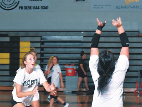 Torin Rogers gets ready to jump and hit the ball after a set from Amber Martin.
