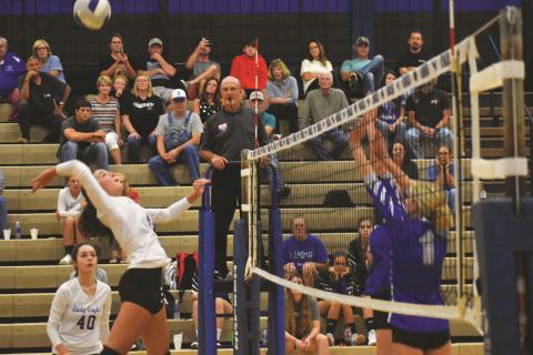Riley Payne of Hiwassee Dam winds through her hitting motion during the Lady Eagles’ straight-set win over Fannin County, Ga., on Aug. 17.