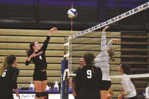 Andrews senior Brooke Phillips hits the ball over the net during the Lady Wildcats five set win over Hiwassee Dam on August 24.