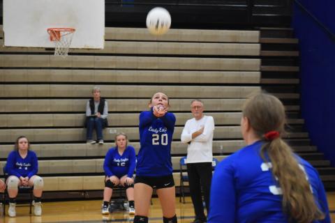 Hiwassee Dam’s Payton Palmer passes the ball during the Lady Eagles’ 3-0 loss to Robbinsville on Thursday.