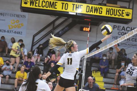 Murphy senior Torin Rogers attempts to get the ball over the net during the Lady Bulldogs’ 3-0 win over Robbinsville on Sept 15.