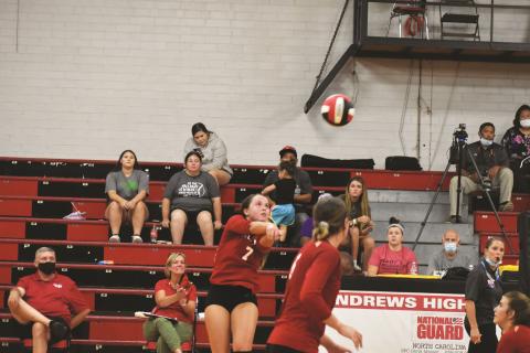 Andrews senior Mackenzie Stalcup passes the ball during the Lady Wildcats four set loss to Cherokee on Sept. 7.