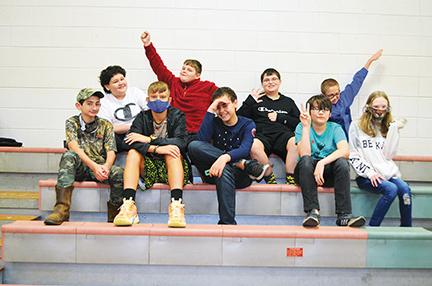Photos by Abigail Hickman/Staff Correspondent Middle school students act silly while waiting for the Atlanta Shakespeare Company to arrive. Front row: Mason Smith, Greison Hall, Alex Ashe, Charlie Kent and Sophia Suetta. Back row: Skyler Casio, Luke Bradley, Carter Hooper and Jacob Williamsy.