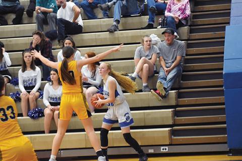 Hiwassee Dam’s Ashlyn Stiles tries to inbound the ball around Murphy’s Lailee Holloway on Friday at The Nest.