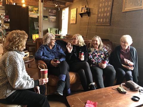 Chatting with some new friends at the Rare Bird Emporium are (from left) Connie Hammond, Vicky Marby, Abigail Hickman, Shawna Crocker and Lynn Tinsley.