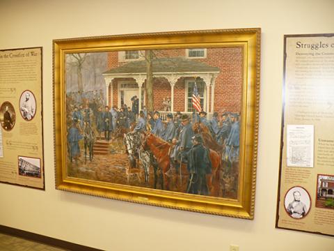 Wally Avett/Cherokee Scout Union Gen. William Sherman and staff are shown departing the Henegar House in Charleston, Tenn., in December 1863, having seized the brick home for temporary lodging. It still stands, but it’s in private ownership and not open to the public. Famous painter of military scenes Don Troiana produced this huge work, which dominates the main exhibit room of Hiwassee River Heritage Center in Charleston.